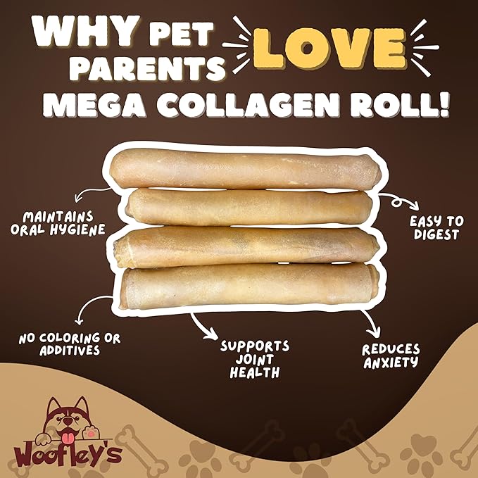 Woofley's Extra Thick Collagen Roll (10-12 Inch - 3 PCS) - Chews for Dogs - Bully Stick Rawhide Alternative Dog Chews No Hide Bones for Medium &amp Large Dogs