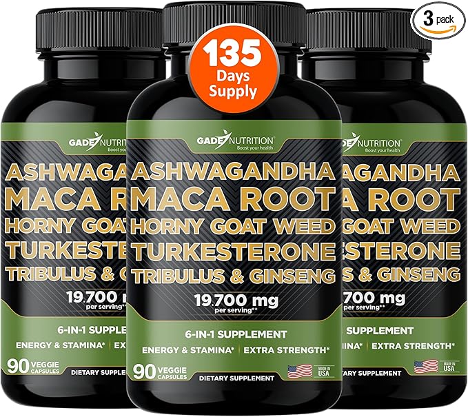 Gade Nutrition Ashwagandha with Maca Root Horny Goat Weed Turkesterone Supplement Tribulus Terrestris Panax Ginseng | Made in USA | Pack of 3
