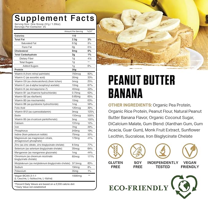 Ambrosia Planta - Plant-Based Protein Powder 20g | Dairy Free Vegan Protein Powder with BCAA Amino Acids | Keto-Friendly No Added Sugar | 25 Servings |Peanut Butter Banana