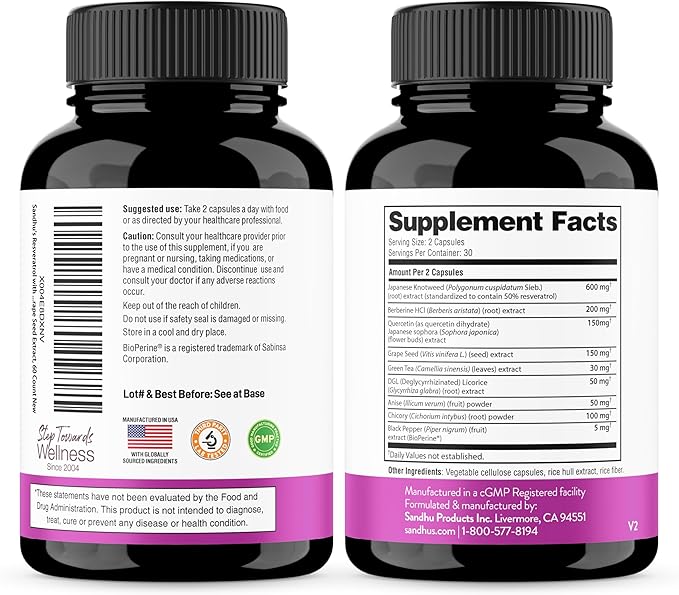 Resveratrol with Berberine Supplement For Gut Health Support | 60 Digestive Capsules For Women &amp Men | With Green Tea Extract Star Anise DGL Grape Seed &amp Quercetin | Helps Ease Bloating &am