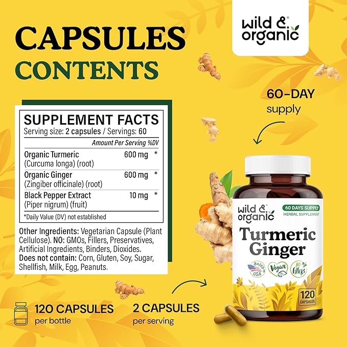 Wild &amp Organic Turmeric and Ginger Supplement Capsules - Mobility &amp Immune Support - Ginger Turmeric Capsules with Black Pepper - 60 Days of Supply - Vegan No Fillers Non-GMO - 120 Count