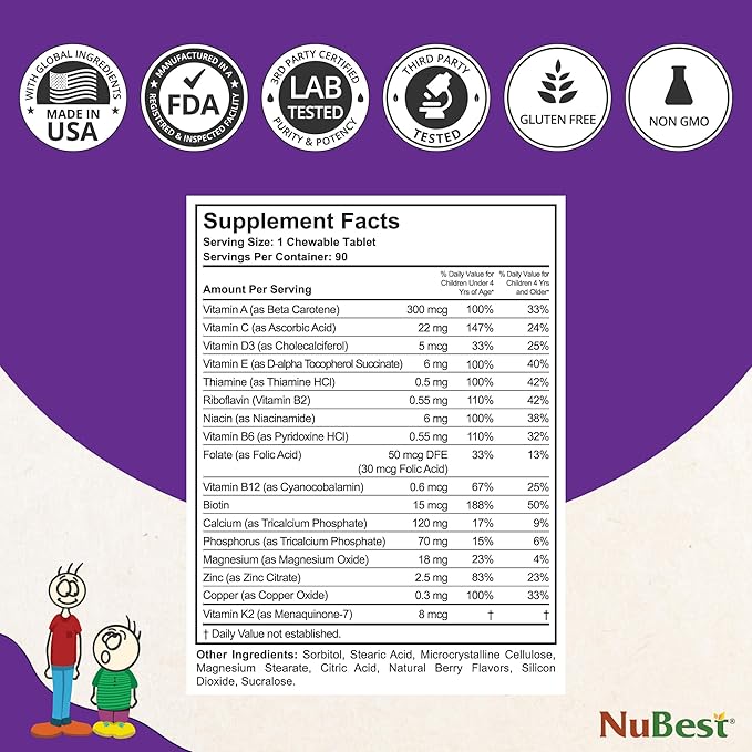 NuBest Tall Kids - Toddlers Vitamins and Kids Vitamins for Age 2 to 9 - Support Bone Strength Overall Health and Immunity - Animal Shapes - 180 Chewable Berry Tablets | Pack 2
