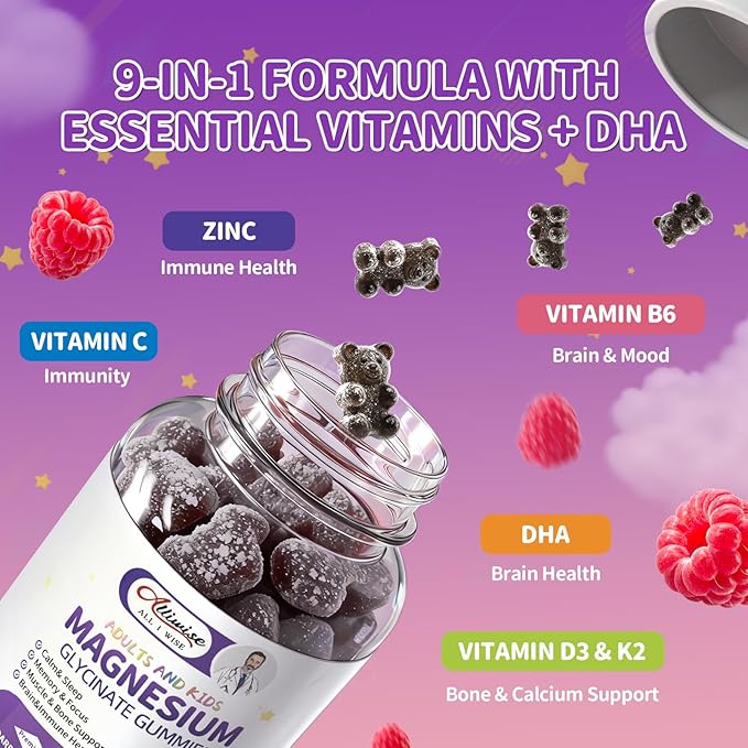 Magnesium Glycinate Gummies for Kids 4+Sugar Free Magnesium Bisglycinate Supplement 400mg with DHA L-Theanine Chamomile &amp Lemon Balm Melatonin Free Calm &amp Sleep Support Raspberry Flavor
