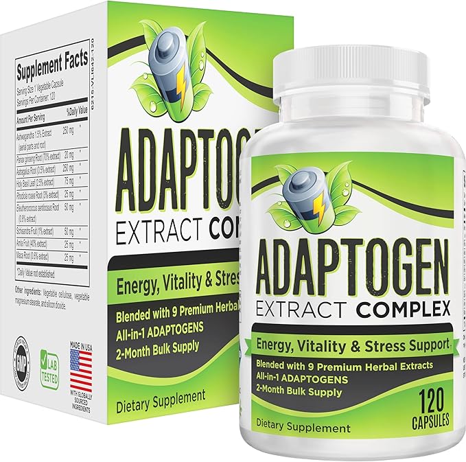 2-Month Adaptogen Supplement (9-in-1) Adaptogenic Complex with Ashwagandha Panax Ginseng Rhodiola + More | Herbal Extract Blend | Adaptogen Supplements | 60-Day Bulk Supply | 120 Capsules