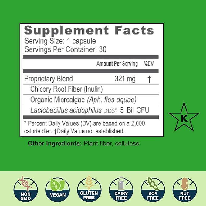 New Earth Acidophilus - Probiotic for Upper GI Support - Lactobacillus DDS-1 Inulin Prebiotic &amp Organic Wild Microalgae - 5 Billion CFU for Gut Health Digestion &amp Immune Function - Vegan 30