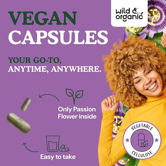 Wild &amp Organic Passion Flower Capsules 600 mg - Calming &amp Mood Support - Passionflower Extract Supplement - Passiflora Incarnata Herb - Vegan No Fillers Non-GMO - 90 Count