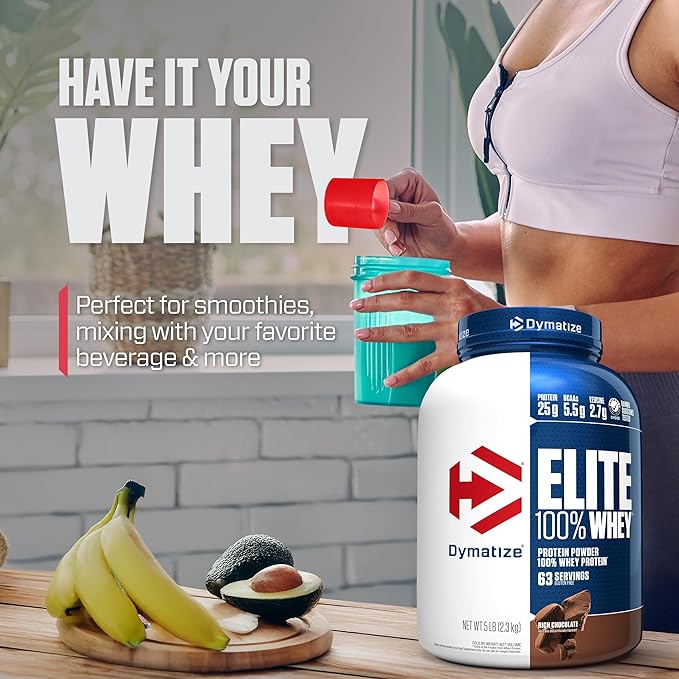 Dymatize Elite 100% Whey Protein Powder 25g Protein 5.5g BCAAs &amp 2.7 L-Leucine Quick Absorbing &amp Fast Digesting for Optimal Muscle Recovery Rich Chocolate 5 Pound (63 Servings)