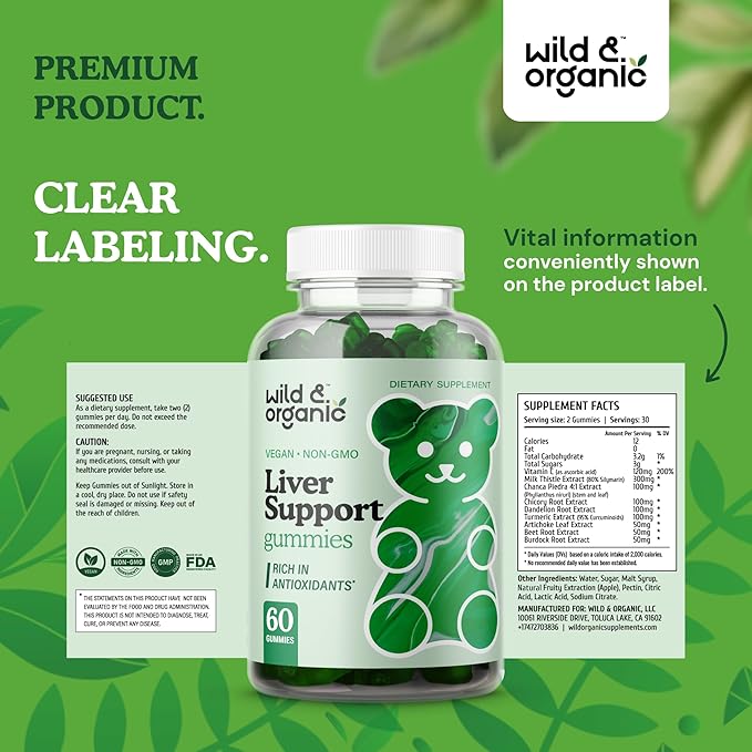 Wild &amp Organic Liver Support Gummies - Milk Thistle Dandelion Root Extract for Liver Cleanse Detox - 60 Silymarin Milk Thistle Gummies - Vegan Non-GMO Herbal Supplement.