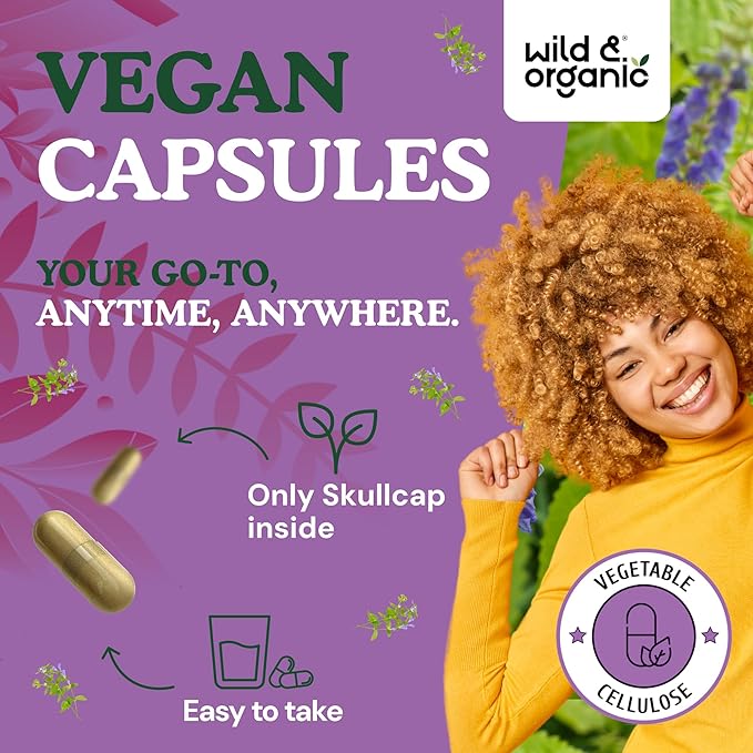 Wild &amp Organic Skullcap Herb Capsules 1200 mg - Calming Skullcap Supplement - 180 Capsules - Scutellaria Lateriflora Leaf Extract - 3-Month Supply - Vegan No Fillers Non-GMO