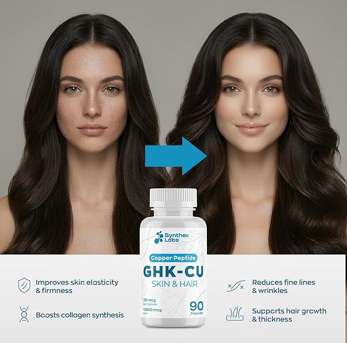 GHK-Cu Copper Peptide Supplement 120 mcg for Skin &amp Hair | Anti-Aging &amp Improves Skin Elasticity | Maximum Absorption | 3 Month Supply