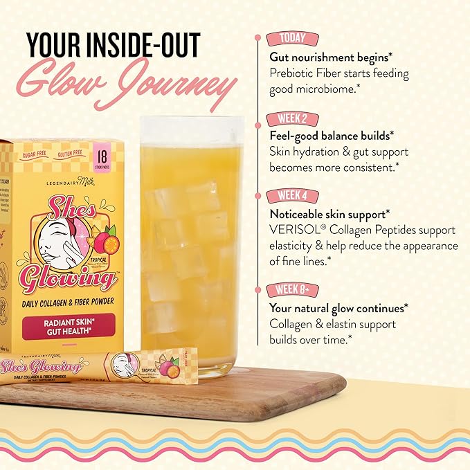 Legendairy Milk Collagen Peptides Powder &amp Prebiotic Fiber for Women Digestive Health Drink Mix Skin Cellulite Fine Lines &amp Regularity Tropical Flavor Supplement She’s Glowing 18 Stick P
