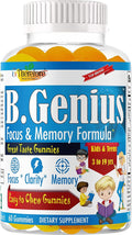 B.Genius Focus Gummies for Kids &amp Teens – Kids Focus and Attention Supplements – Memory &amp Concentration –Plant-Based Focus Supplement for Clarity Learning &amp Cognitive Health-60ct