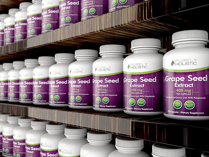 Purely Holistic Grape Seed Extract 20000mg - 250 Vegan Capsules - 8+ Month Supply - Standardized to 95% Polyphenols - 400 mg per Capsule - Maximum Strength Grapeseed - Non-GMO &amp Pesticide Free