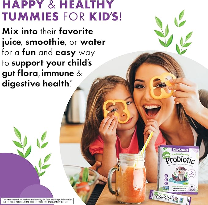BlueBonnet Nutrition Rainforest Animalz Kids Probiotic 5 Billion CFU^ - Gut Digestive &amp Immune Health - Non-GMO Free of Dairy Gluten Soy Sugar Artificial Flavor &amp Color - Unflavored 30 S