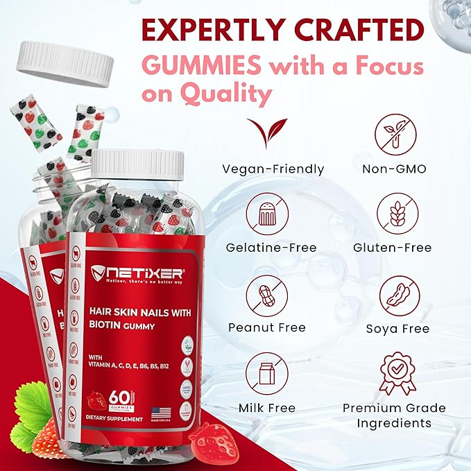 Biotin Gummies 5000 mcg | Multivitamin Gummies | Vitamins A C D E B6 B12 with Zinc | Strawberry Flavor | Vegan | Individually Wrapped | 60 Count