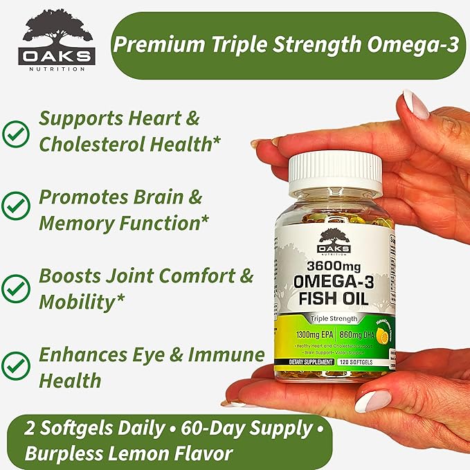 Omega 3 Fish Oil 3600mg | Triple Strength Burpless Softgels | 2160mg Omega-3s with 1300mg EPA &amp 860mg DHA | Ultra Purified Wild Caught Lemon Flavor 120 Softgels 60 Day Supply