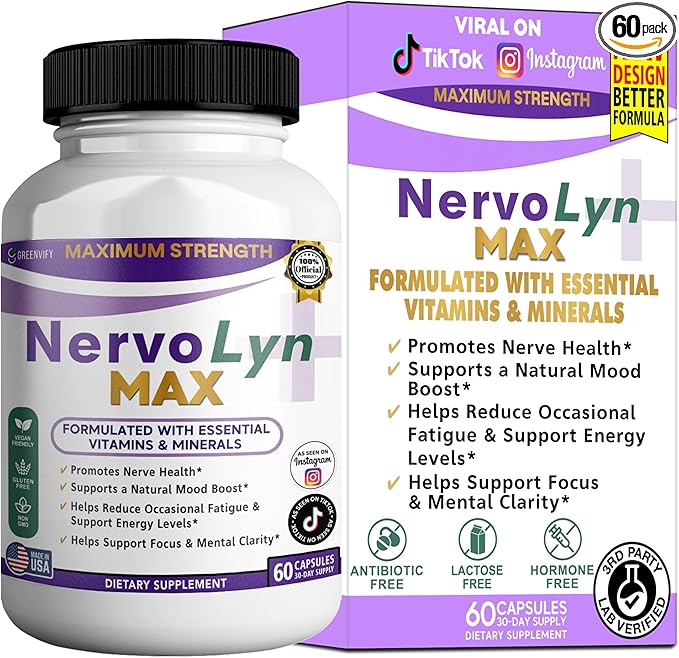 NervoLyn Max Maximum Strength Nerve Support Supplement 60 Capsules with Vitamin B Complex Vegan Gluten Free Non-GMO 30 Day Supply (1)