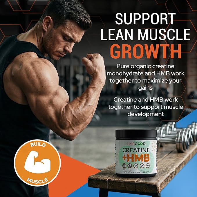 LIVEGOOD Creatine Monohydrate with HMB for Lean Muscle Growth &amp Recovery – HMB Creatine Powder for Men and Women – Unflavored Creatine 30 Servings