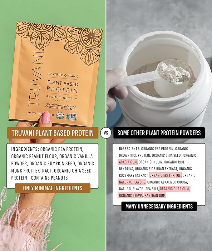 Truvani Vegan Pea Protein Powder | Peanut Butter | 20g Organic Plant Based Protein | Single Serving Travel Packets | 10 Servings | Keto | Gluten &amp Dairy Free | Low Carb | No Added Sugar (Pack of 2