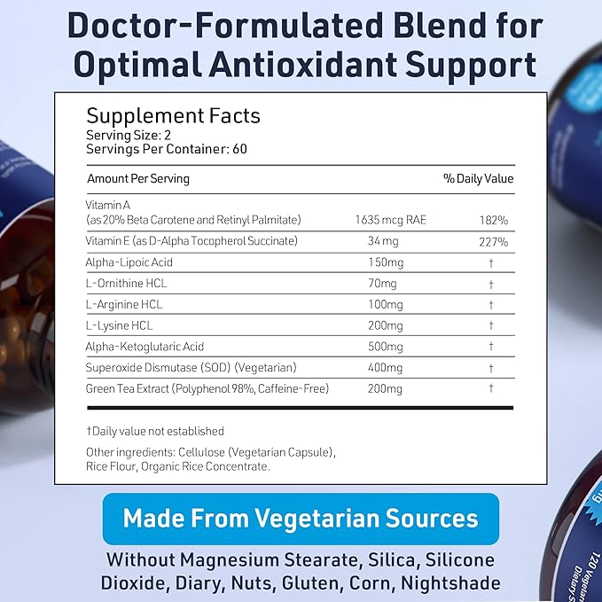 SOD Antioxidants Complex Healthy Aging Supplement - 400mg of Superoxide Dismutase - Alpha Lipoic Acid - Green Tea Extract - L-Arginine - Lysine - AKG - Vitamins A and E for Immune Support-120 Capsules
