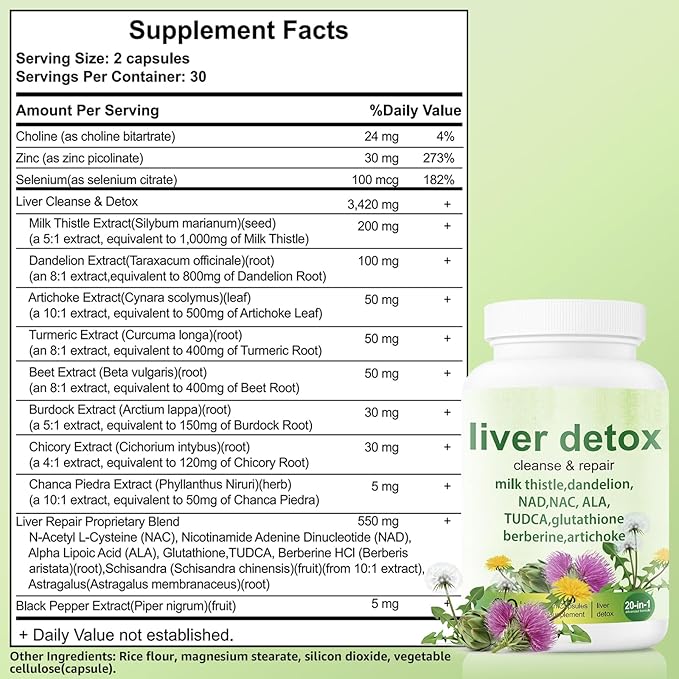 Liver Detox Capsules - 20-in-1 Herbal Formula with Milk Thistle Dandelion Turmeric &amp Artichoke Leaf for Liver Support and Digestive Balance - Non-GMO Gluten-Free (60 Count)