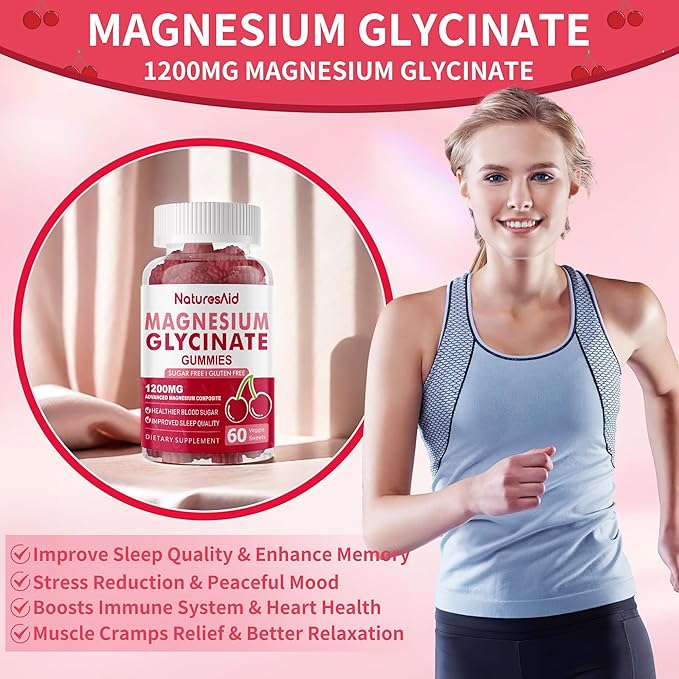 Natures Aid Magnesium Glycinate Gummies 1000mg - Sugar Free Magnesium Potassium Supplement with Vitamin D B6 CoQ10 for Calm Mood &amp Sleep Support - 120 Cherry Gummies -2 Pack