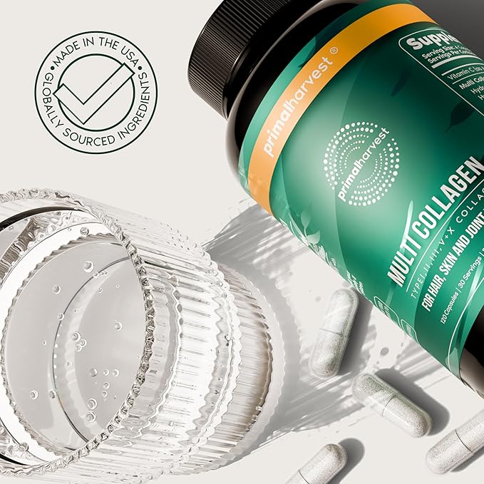 Primal Harvest Multi Collagen Pills for Women and Men (Type I II III V X) 120 Capsules w/Vitamin C for Hair Skin Nails