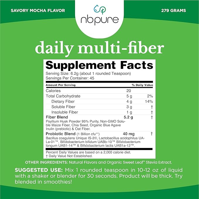 nbpure Daily Fiber Powder Blend for Digestive Health Cholesterol Support Healthy Weight Management - with Prebiotic Insoluble Soluble Fiber + 4 Probiotic Strains Savory Mocha Gusset 45 Servings
