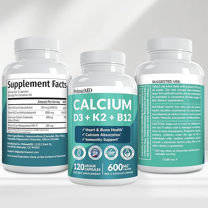 4-in-1 Calcium Supplements for Women and Men - Calcium with Vitamin D3 K2 5000 IU Supplement 600mg per Serving - Gluten-Free Vegan-Friendly (120 ct)