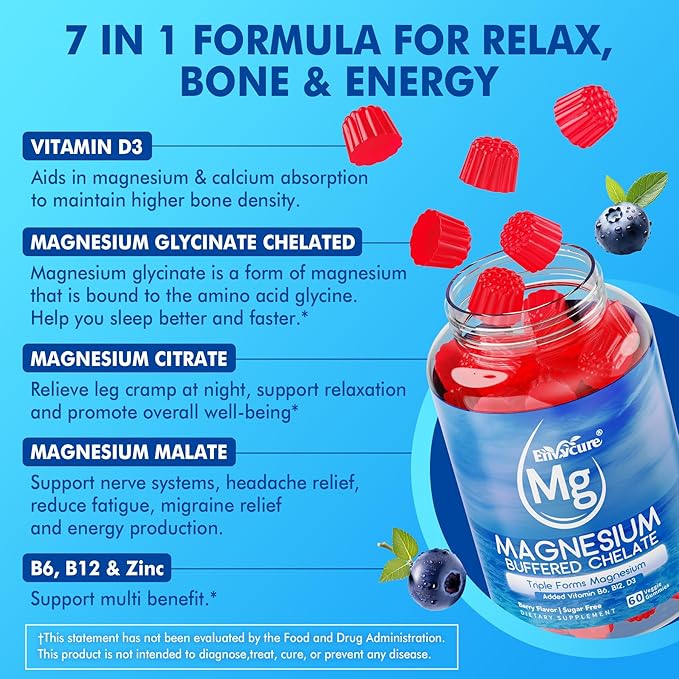 Magnesium Gummies - Triple Magnesium Complex Magnesium Glycinate Gummies | Magnesium Glycinate Malate Citrate w/ D3 B6 B12 for Calm Sleep &amp Muscle Cramp | High Absorption | Vegan 2 Pack