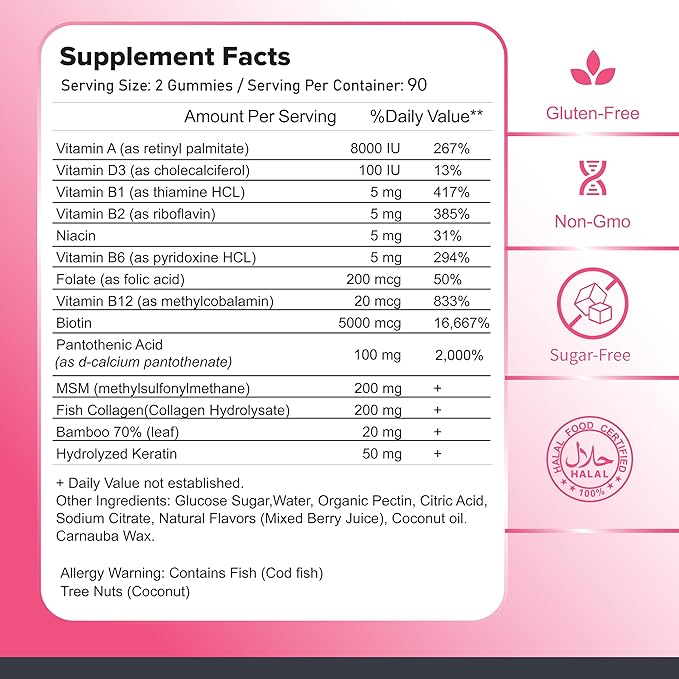 Collagen with Biotin Gummies for Women &amp Men | Halal Sugar-Free Non-GMO Gluten-Free | Anti-Aging Clearer Skin Hair Growth Stronger Nails | Strawberry Flavor - 90 Count