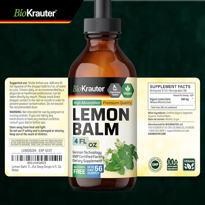 BIO KRAUTER® Lemon Balm Tincture 680 mg Melissa Officinalis - Pure Vegan Lemon Balm Extract 4 Fl.Oz 56 Days of Supply - Natural Calming &amp Sleep Support - Alcohol &amp Sugar Free - Digestion &amp