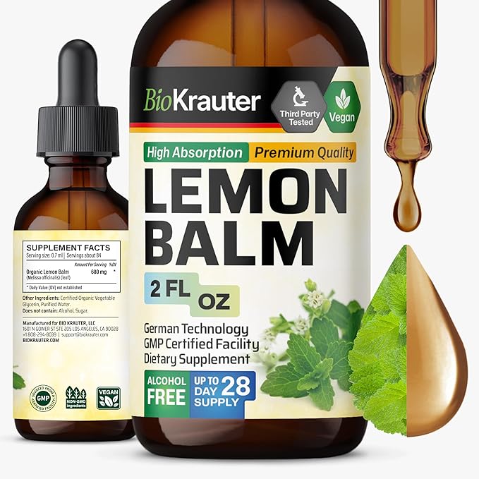 BIO KRAUTER® Lemon Balm Tincture 680 mg Melissa Officinalis - Pure Vegan Lemon Balm Extract 2 Fl.Oz 28 Days of Supply - Natural Calming &amp Sleep Support - Alcohol &amp Sugar Free - Digestion &amp