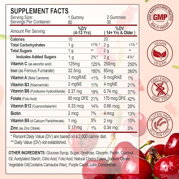 Iron Supplement for Women Men &amp Kids Iron 65mg &amp Vitamin C 250mg per Serving with B6 B12 Folate- Energy Support for Iron Deficiency Anemia Vegan Gummy Cherry Flavor 60 Count