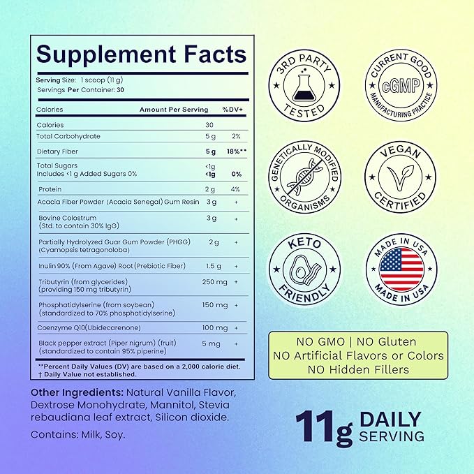 Gut Health Supplement Powder – Digestive Health Formula with Colostrum Tributyrin &amp PHGG Prebiotics for Gut Health Gut Lining Gut-Brain &amp Bloating Relief for Women &amp Men – 30 Servings