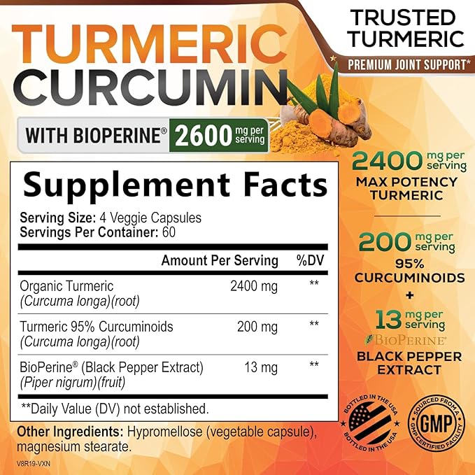 Turmeric Curcumin Supplement - 2400mg Organic Turmeric Per Serving - 95% Curcuminoids &amp BioPerine Black Pepper Extract for Best Absorption - Natural Vegan Joint Support Bottled in USA - 240 Capsu