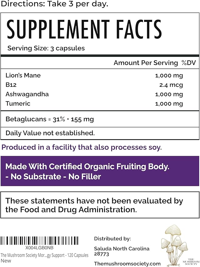 Morning Rush - Lion’s Mane Ashwagandha Turmeric &amp B12 Extract Blend - Mushroom Supplement for Focus &amp Energy Support - 120 Vegan Capsules