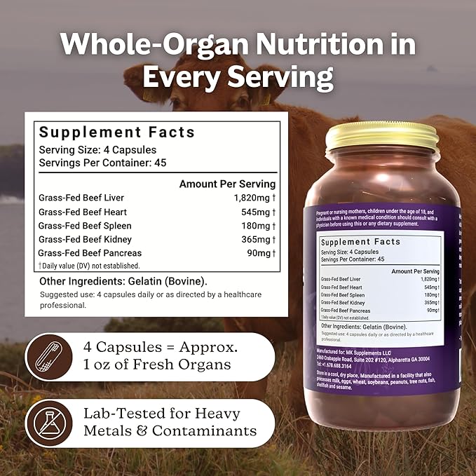 MK Supplements Grass Fed Beef Organ Supplement Supports Whole Body Wellness Nature Identical Blend of Liver Heart Spleen Kidneys Pancreas Freeze-Dried Non-GMO 45 Servings (3000 mg Each)