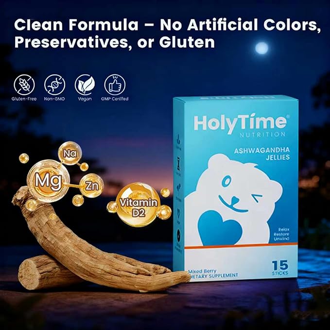 HolyTime Ashwagandha Jelly – 15 Travel Sachets with KSM-66 &amp Vitamin D2 – Plant-Based Herbal Blend for Relaxation Stress Support &amp Metabolism – Natural Flavor Balance