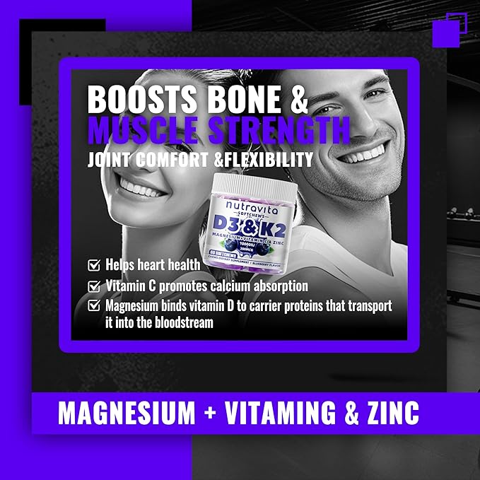 Nutravita Sugar-Free Vitamin D3 K2 Chews with Calcium + K2 (MK-7) Magnesium Citrate Vitamin C Extra Strength - Ultimate Absorption for Bone Muscle Teeth Immune Vegan - 60 Count-Blueberry Flavor