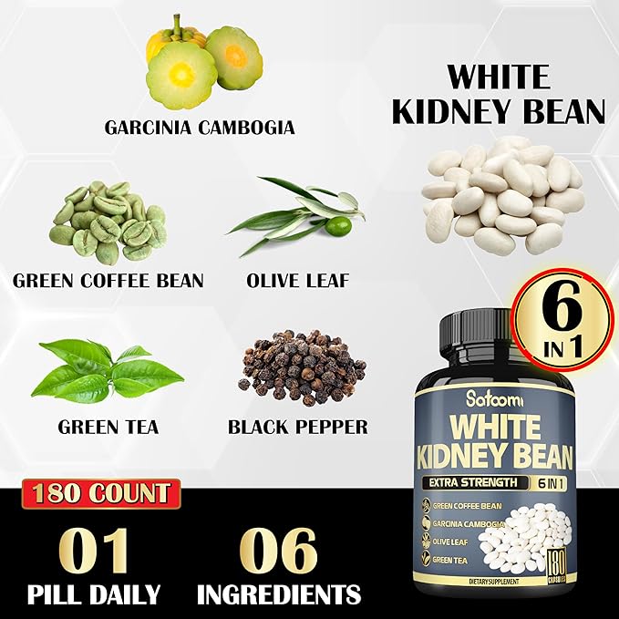 Satoomi 6in1 White Kidney Bean Extract Capsules - 6 Month Supply - Extra Blend with Olive Leaf Green Coffee Bean &amp Green Tea - 180 Counts