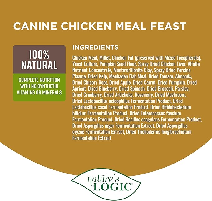 Nature's Logic Dry Dog Food - 100% Natural - No Synthetics - For All Ages Sizes Breeds - Free From Common Allergens High Protein - Chicken Meal Feast 4.4lbs