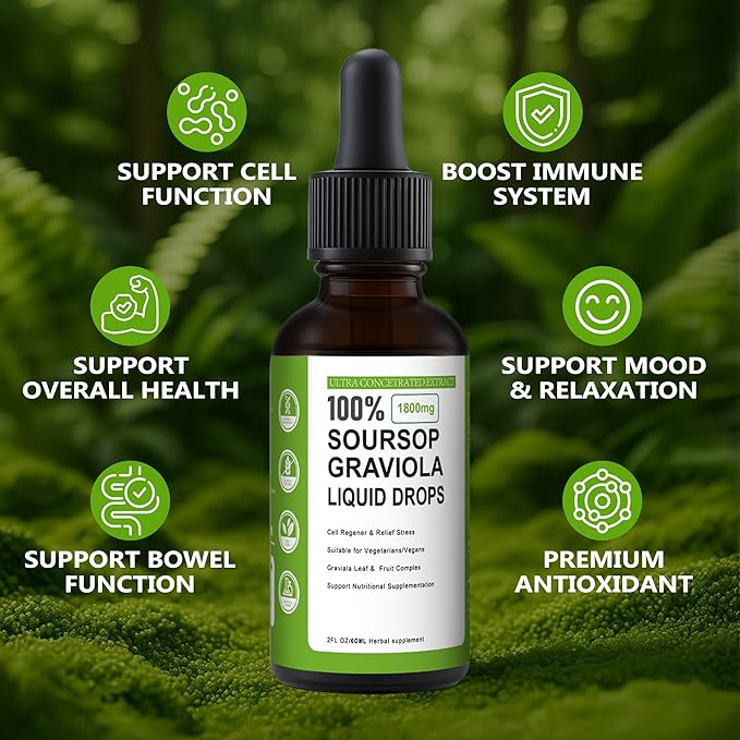 Soursop Bitters Liquid100% Pure Organic Soursop Graviola Liquid Drops with Vitamin C | Immune Boost &amp Relax Liver and Sleep Sugar Vegan Non-GMO Natural Flavor 2 Fl Oz 60 ml