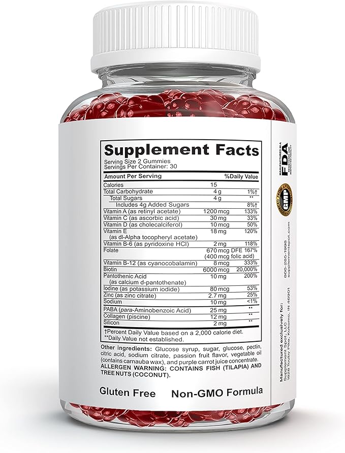 Hair Skin and Nails Vitamins 6000 mcg Biotin Gummies w/Collagen Passion Fruit Flavored Hair Vitamins Gluten Free Collagen Supplements (60 Count)