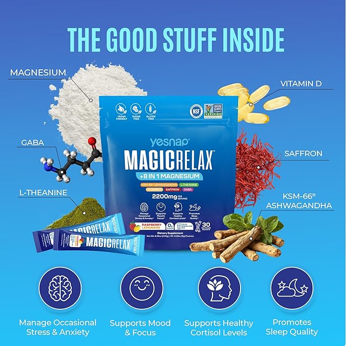 MAGICRELAX Supercalm Sparking Drink Mix Powder 8-in-1 Magnesium KSM-66 Ashwagandha Saffron D3 GABA L-Theanine Supports Healthy Cortisol LevelsMood and Sleep No Sugar Non GMO Raspberry Lemonade Flavor