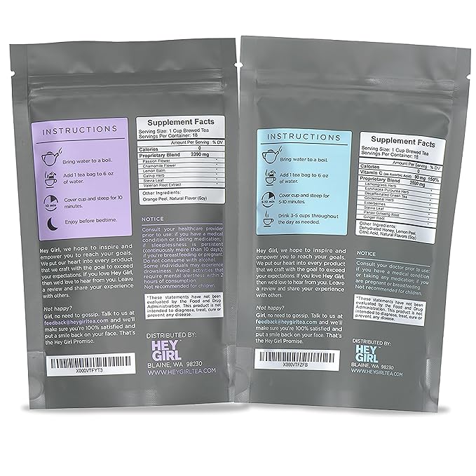 Hey Girl Sleep + Feel Better Tea Bundle - Sleep Tea w/Chamomile Valerian Root &amp Lemon Balm in Tea Bags + Feel Better Herbal Tea with Echinacea Elderberry Vitamin C