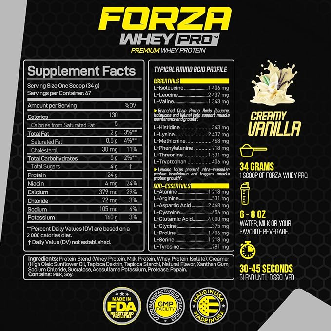 Forzagen Whey PRO Low Carb Protein Powder | 24g of Protein per Serving No Added Sugar Gluten Free Premium Whey for Shakes &amp Mixes for Men &amp Women BCAA | Vanilla 5 lbs. (67 Servings)