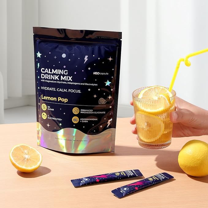 H2O Capsule Calm Magnesium Glycinate Powdered Drink Mix with Electrolytes – Sugar Free Ashwagandha L-Theanine B6 &amp GABA – 60 Servings (20 Lemon 20 Strawberry 20 Raspberry)