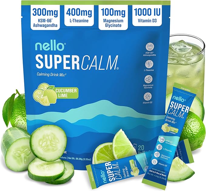 Nello Supercalm Powdered Drink Mix Cortisol Reducer and Sleep Aid Supplement L Theanine Ksm-66 Ashwagandha Magnesium Glycinate Vitamin D 3 No Sugar Non GMO On The Go 20 Ct Cucumber Lime