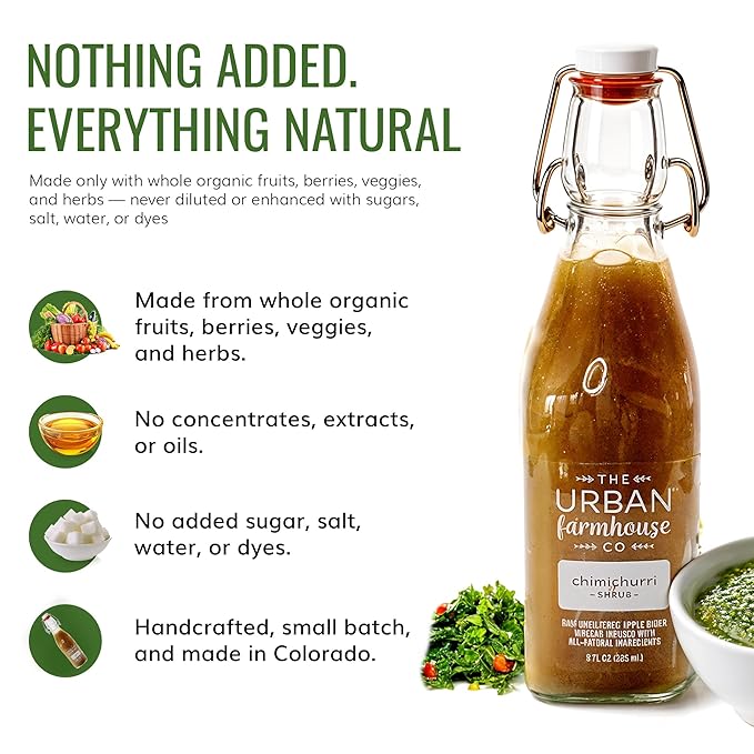 The Urban Farmhouse Co. Organic Vinegar Shrub – Chimichurri 9 oz Bottle – Small Batch Drinking Vinegar with Apple Cider Vinegar Herbs &amp Spices – Cocktail Mixer Gut Health Tonic No Sugar Added